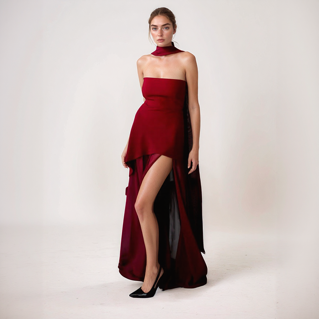 Nelly | Elegancka Długa Sukienka – Asymetryczny Krój i Zintegrowany Szal