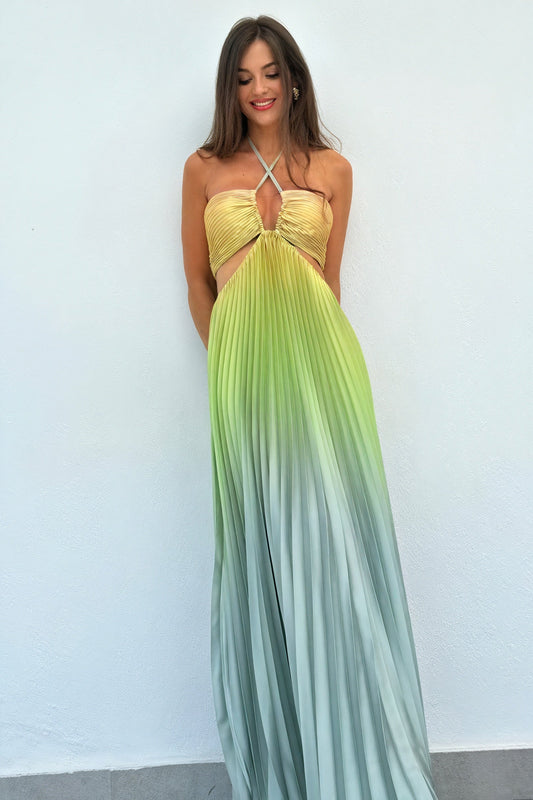 Ida | Langes Plissiertes Kleid – Amerikanischer Ausschnitt und Eleganz 