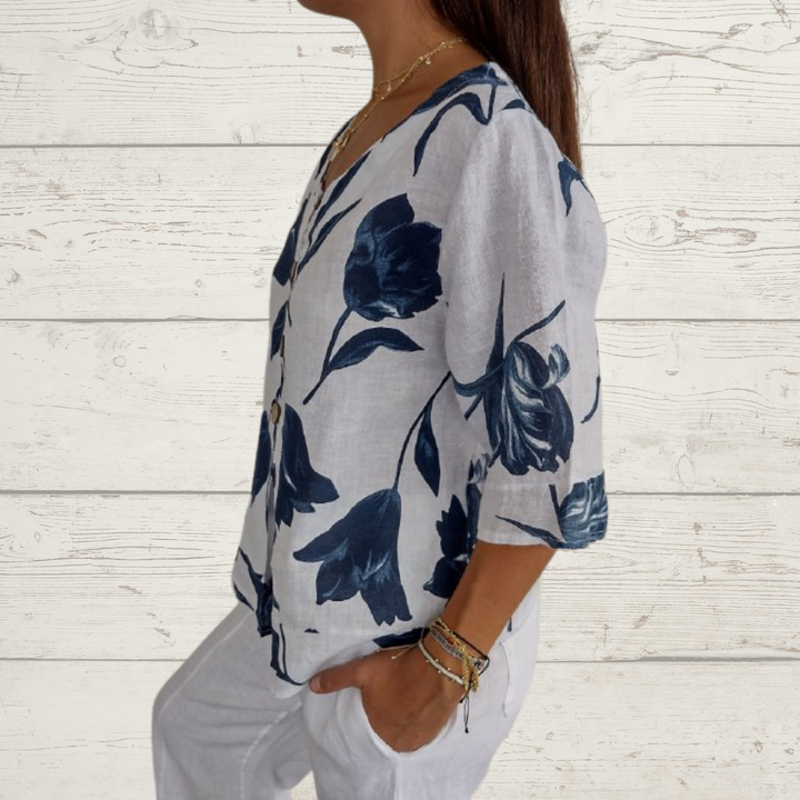 Jeanne | Elegant Floral Blouse – Central Buttoning and Short Sleeves 