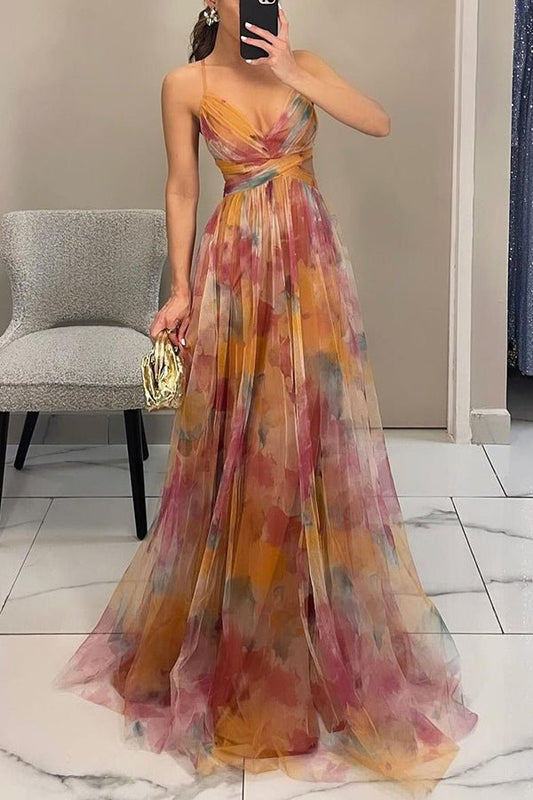Florence | Elegant Lang Kjole Med Kunstnerisk Print 