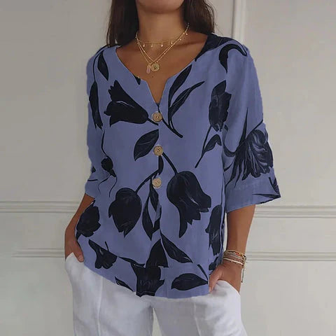 Jeanne | Elegant Blomstret Bluse – Sentral Knapping Og Korte Ermer 